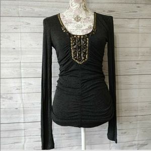 CAbi Style #158 Ruched, Beaded Neck Top.